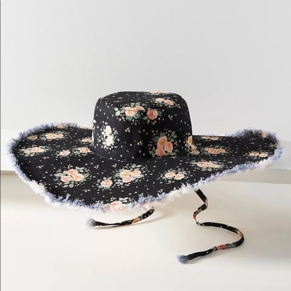 Anthropologie Black Floral Wide-Brim Hat